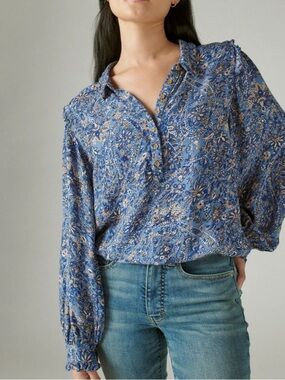 Lucky Brand Longsleeve Floral V-Neck Blouse Shirt Paisley Pullover XL Blue​